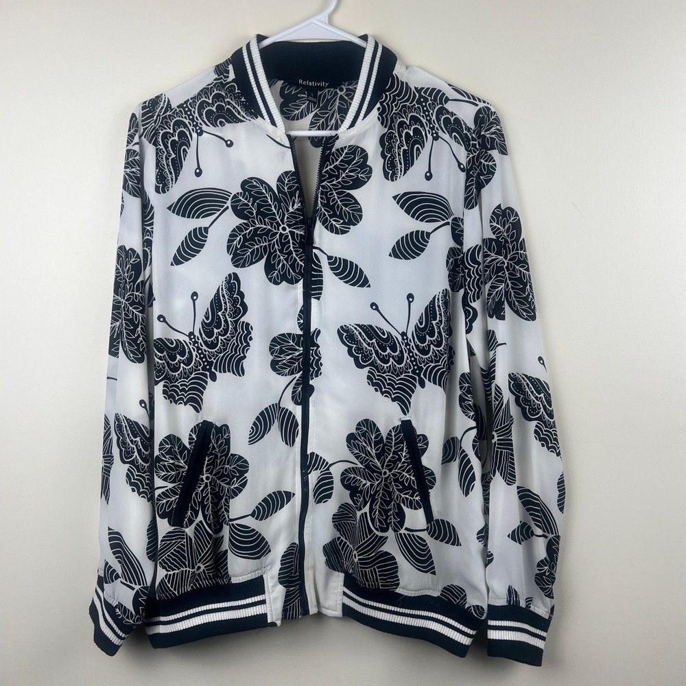 Relativity Womens Bomber Jacket S White Black Floral Butterfly Print Zip Front